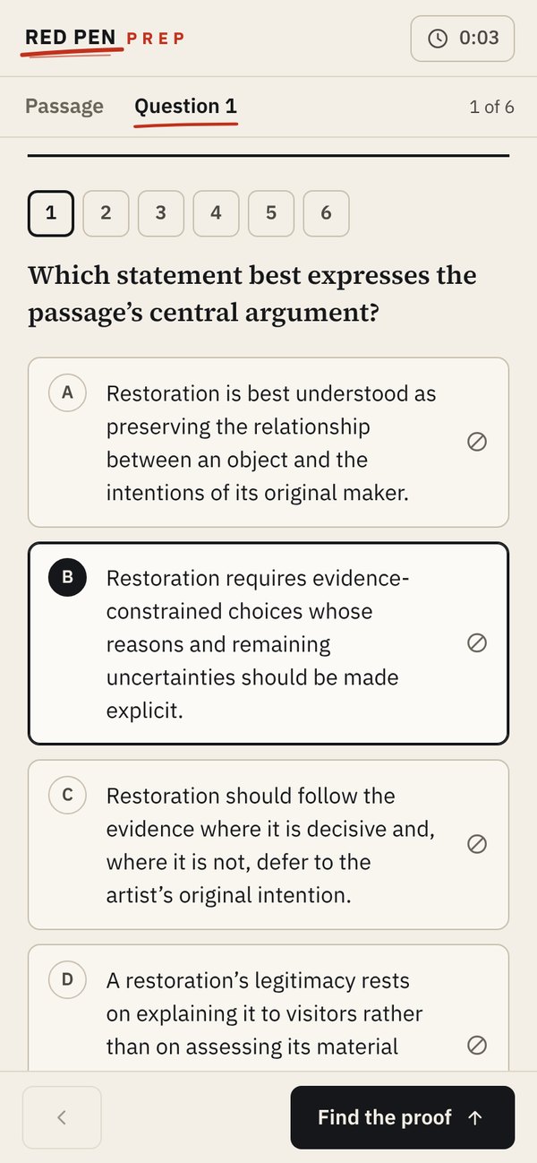 Question 1 of passage 001 with four choices, B selected
