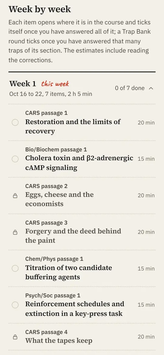 My MCAT plan on a phone: Week 1, this week, Oct 16 to 22, 7 items, 2 h 5 min: CARS, Bio/Biochem, Chem/Phys and Psych/Soc passages, each with its minutes; the locked ones open with the Pass.