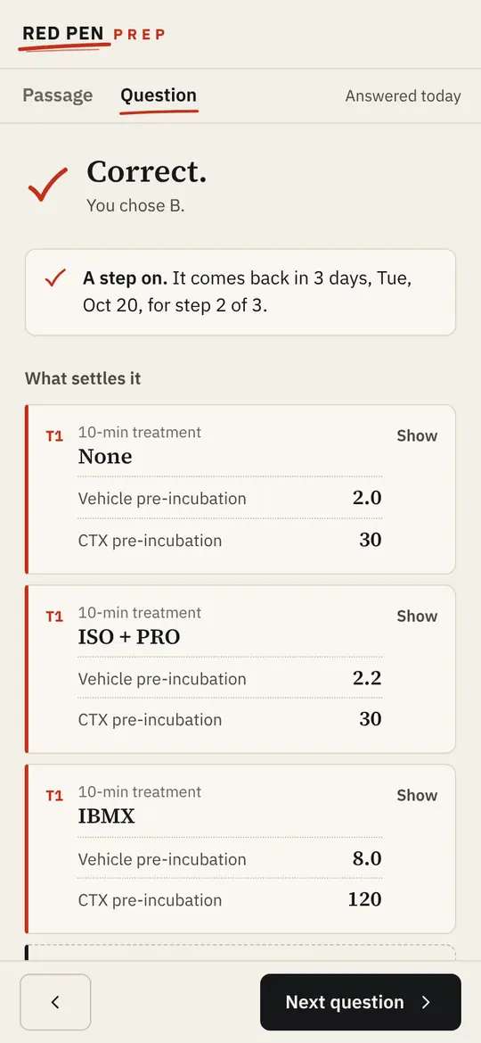 Red pen review on a phone: Correct, you chose B. A step on: it comes back in 3 days, for step 2 of 3. Below it, what settles it: the table rows.