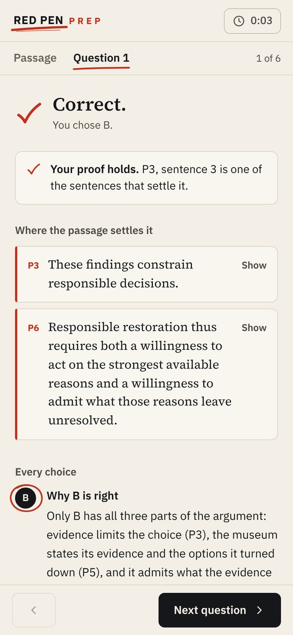 The correction: the proof checked, the sentences that settle it, why B is right